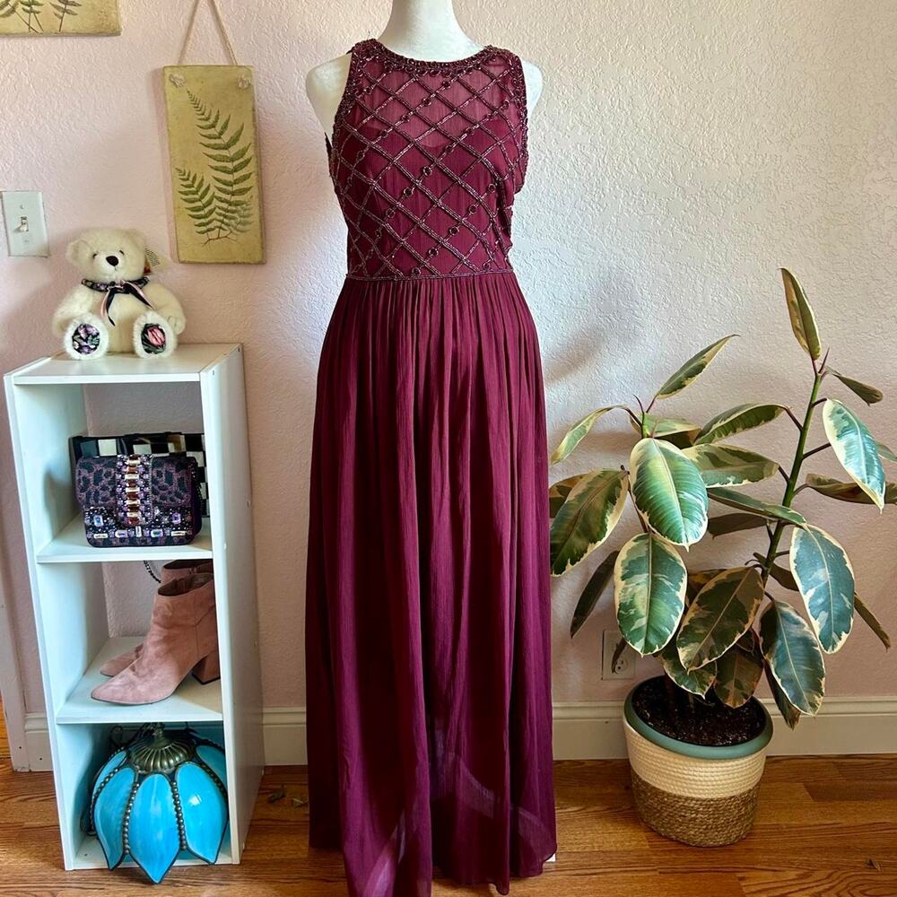 Adrianna Papell burgundy satin beaded fairy prom formal maxi dress